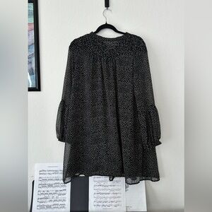 ZARA BLACK POLKA DOT CHIFFON MINI DRESS BALLOON SLEEVE SMOCKED BABYDOLL BOHO S